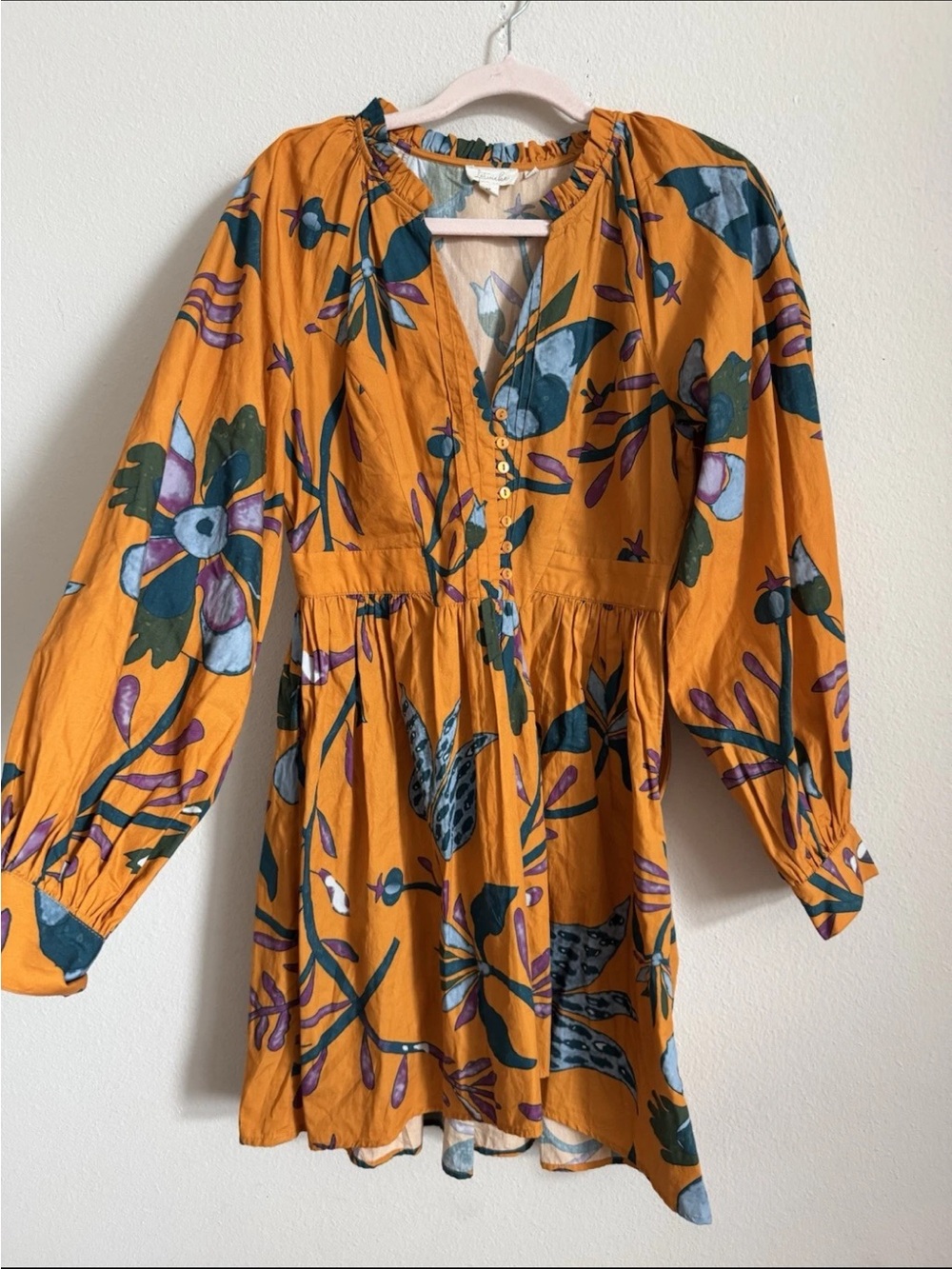 Anthropologie Let Me Be Yellow Floral Bird Dress Mini Floral S Petite